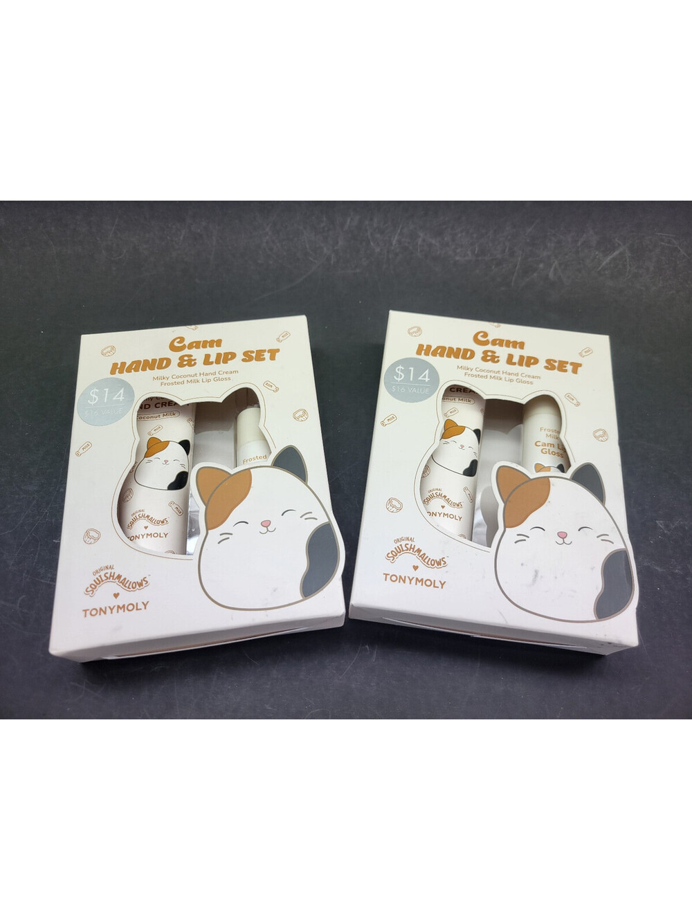 2 Sets TonyMoly Squishmallows Cam Cat Coconut Hand Cream & Lip Gloss set *READ*
